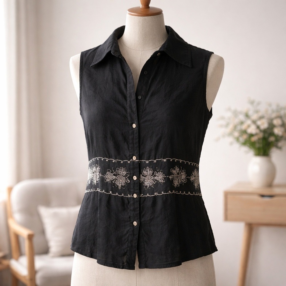 Tweeds‎ XL Linen Embroidered Sleeveless Button Down Top Blouse Black XL